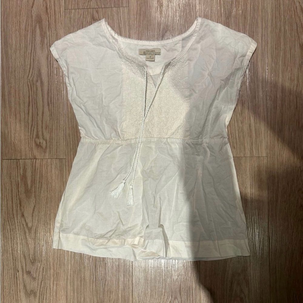 Natural Reflections White Embroidered Boho Peasant Top Women’s Size M Tassels